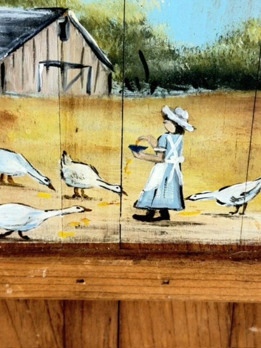 Country Geese Hand Painted Wooden Wall Plaque Farm Girl Ducks Butter Churn 20